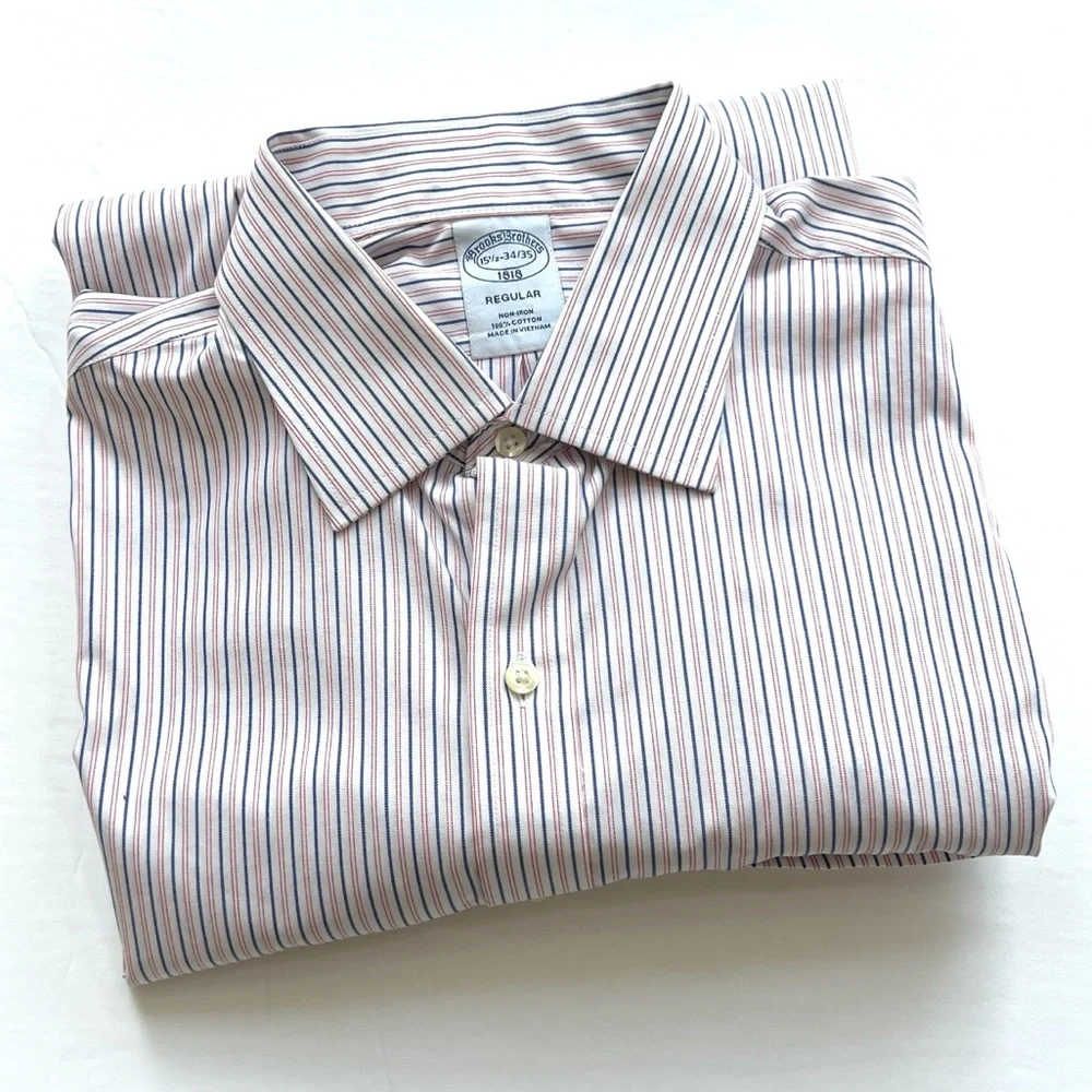 Brooks Brothers White Navy Blue Red Striped Dress Shirt Men 15 1/2 34/35